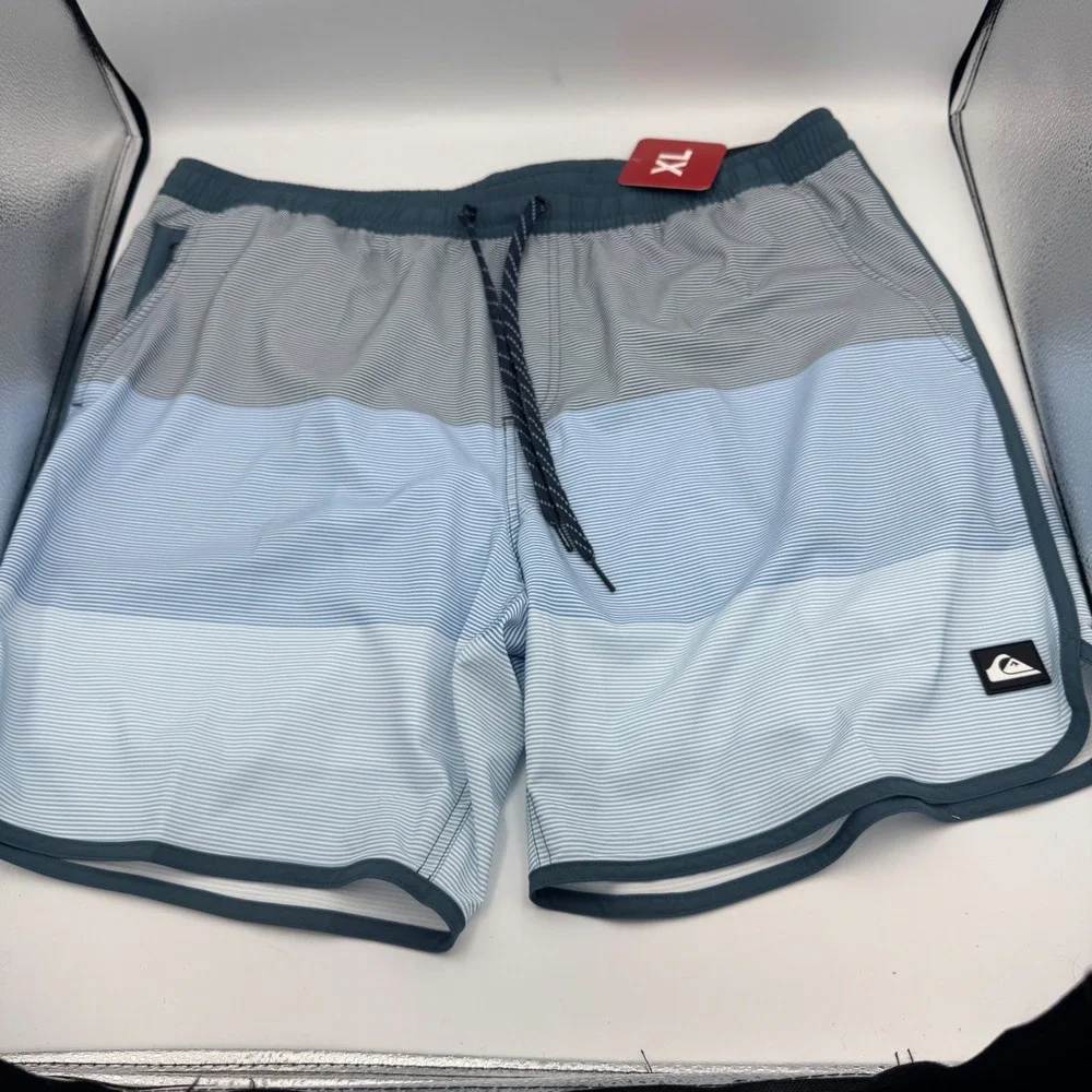 Quiksilver Mens Swim Trunks XL Multi Blue Grey Striped Board Shorts QS001012 NEW